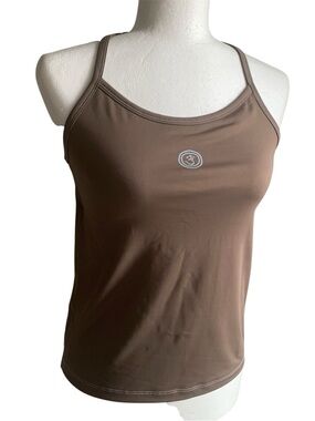 Life is Good Good Tech Sport Tank Top Built n Shelf Yoga Gym Brown Blue Stitch M